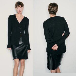 NWT New Zara Wool Blend Knit Diagonal Closure Black Cardigan Size L